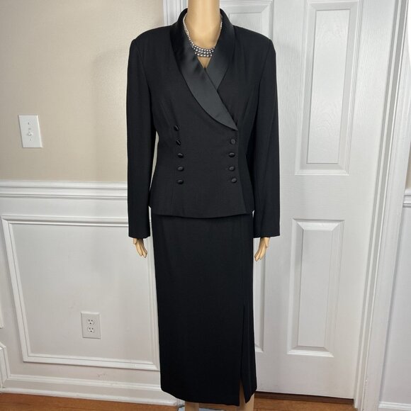 Kasper ASL Polyester Rayon Tuxedo VTG Skirt Suit 10 Black Double Breasted 2PC - Picture 2 of 12